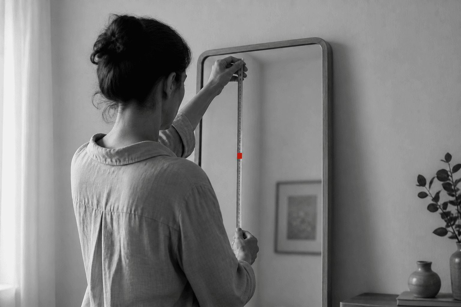 A person lowers a measuring tape in front of a mirror, with one small red mark on the tape.