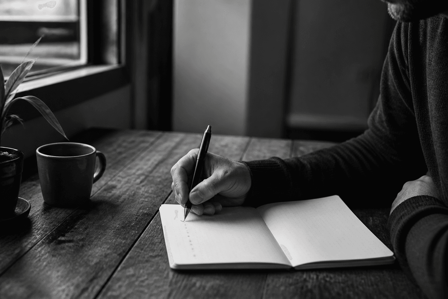 A person begins writing the first task in an open notebook.